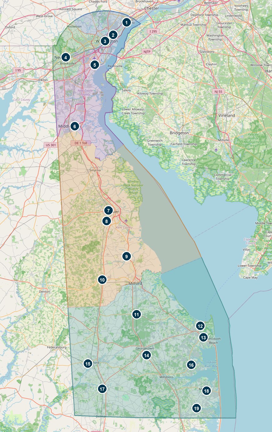 Map of Delaware showing all 19 Early Voting locations, numbered 1 to 19 from north to south