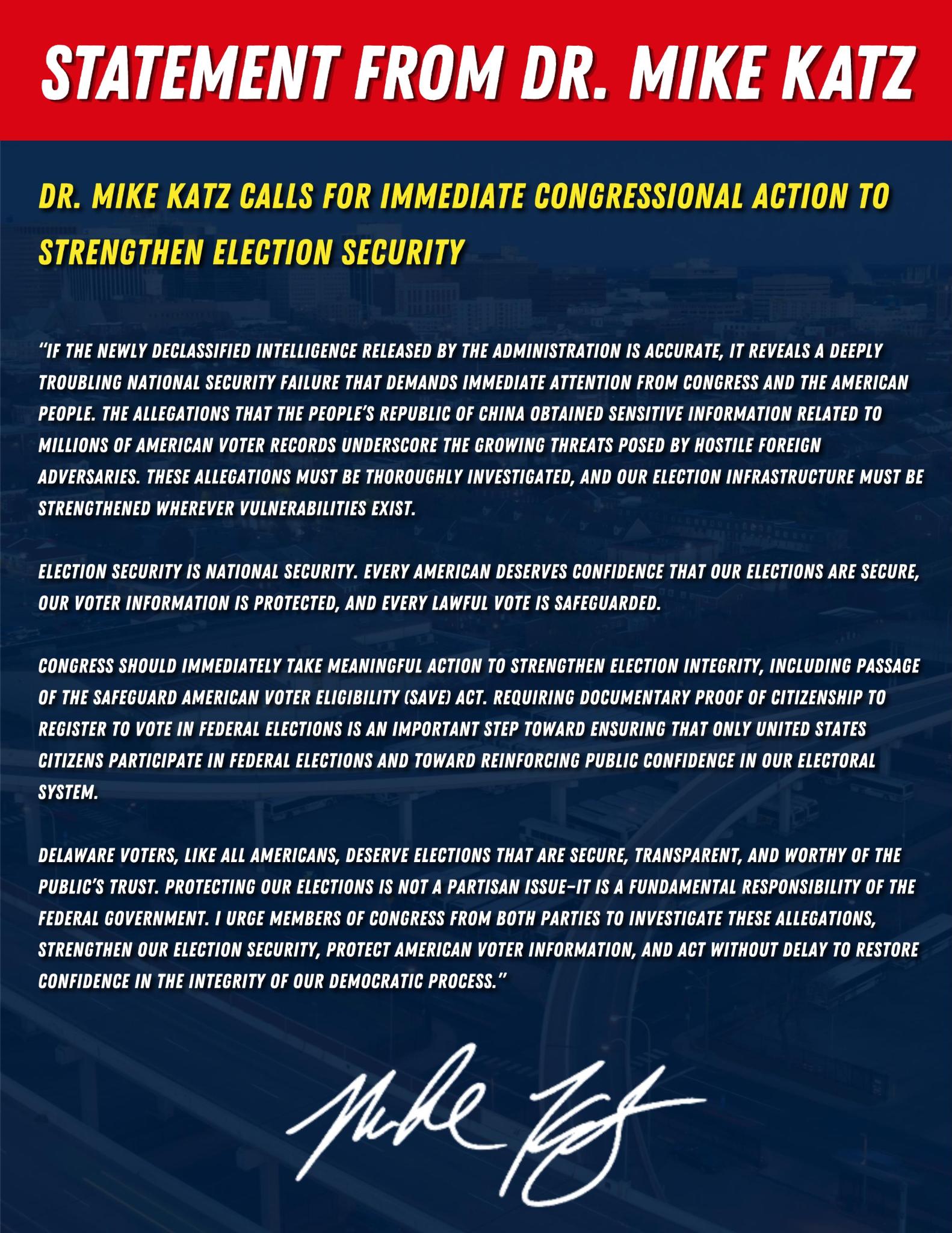 Statement from Dr. Mike Katz calling for immediate Congressional action to strengthen election security