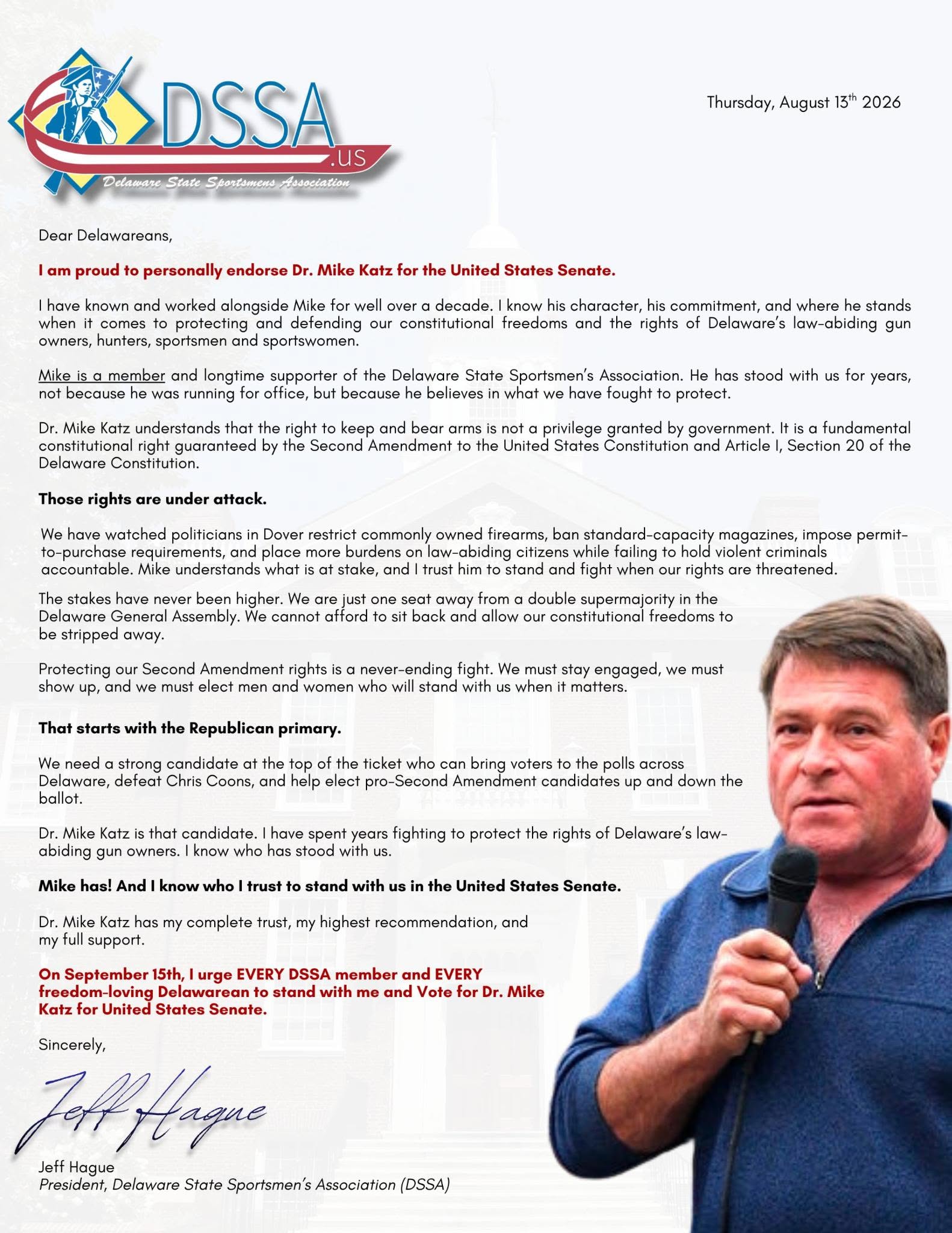 Full endorsement letter from DSSA President Jeff Hague, on Delaware State Sportsmen's Association letterhead